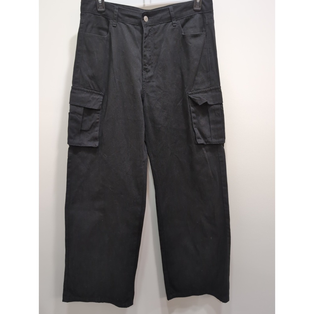 Women's Black Wide Leg Denim Cargo Pants XL Grunge Gothic